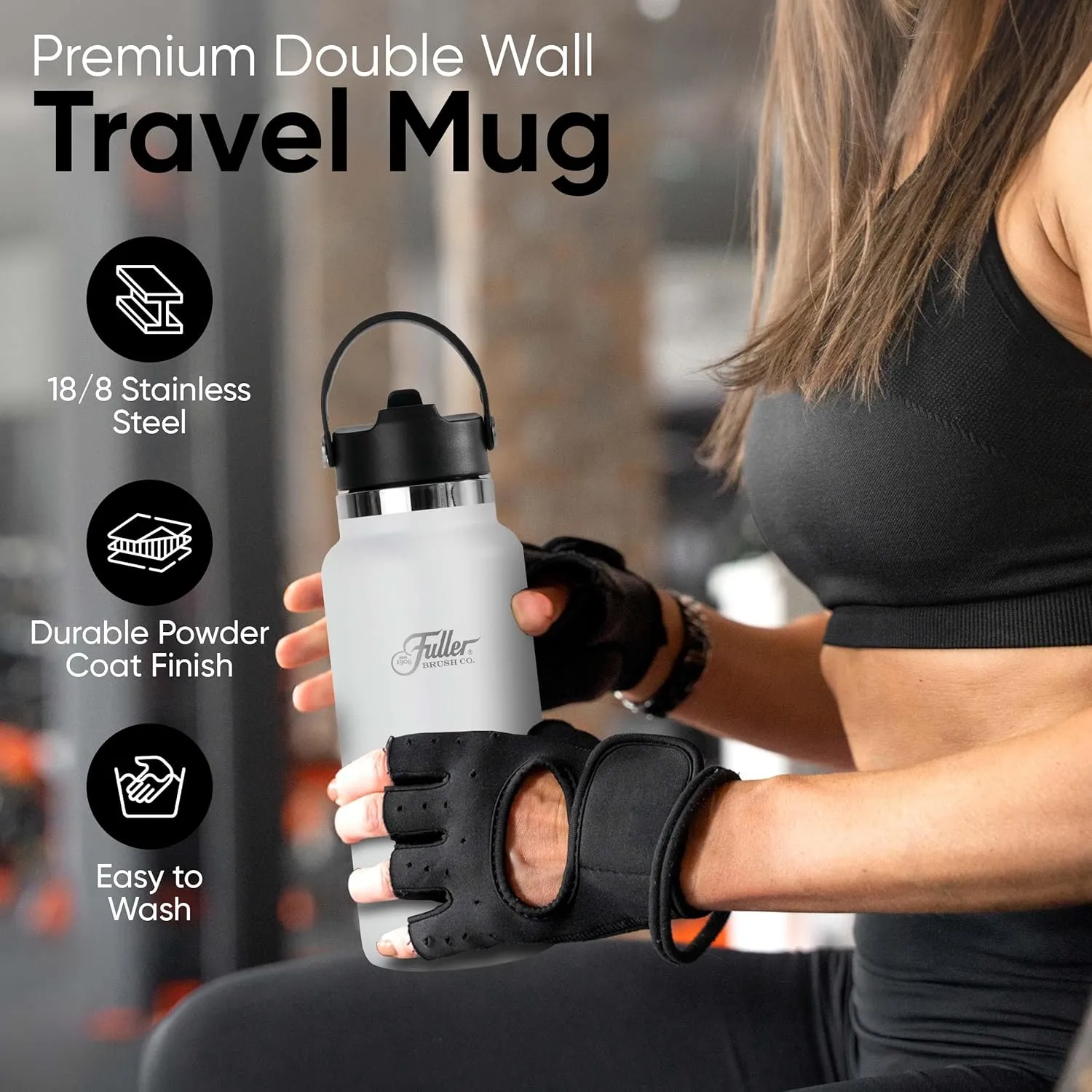 Fuller Stainless Steel Water Bottle with Straw Lid – BPA-Free, Sweat-Proof, Leak-Proof Travel Mug – Double Wall Insulated for Hot & Cold Drinks – Carry Handle (White, 32 Oz.)