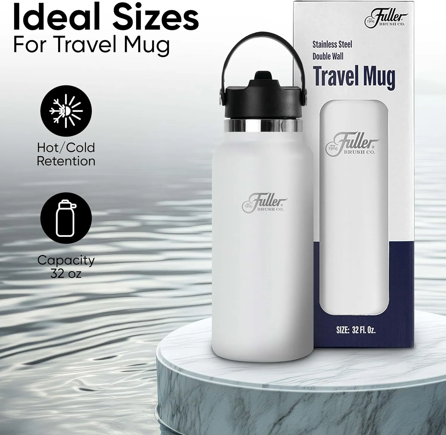 Fuller Stainless Steel Water Bottle with Straw Lid – BPA-Free, Sweat-Proof, Leak-Proof Travel Mug – Double Wall Insulated for Hot & Cold Drinks – Carry Handle (White, 32 Oz.)