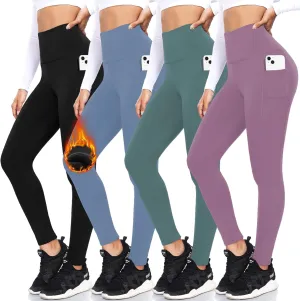 FULLSOFT 4 Pack Fleece Lined Leggings with Pockets for Women High Waisted Thermal Winter Warm Yoga Pants for Workout Running