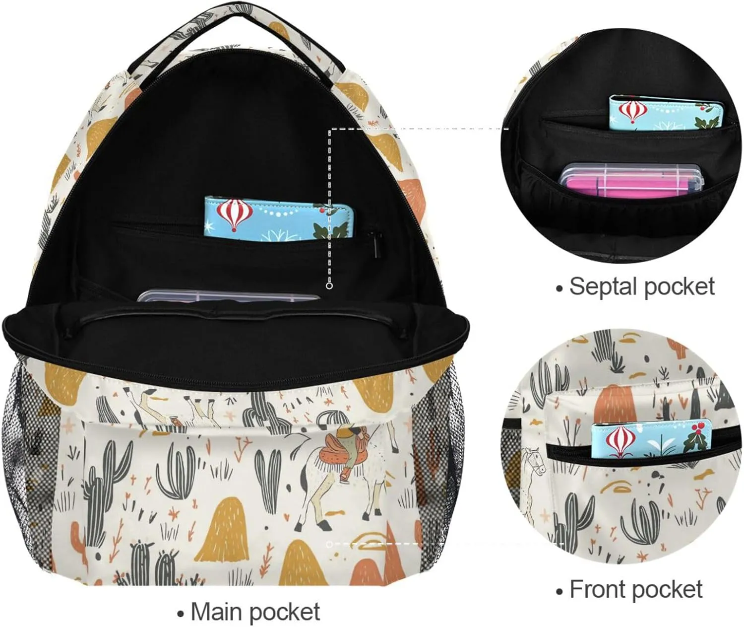 Fun Backpack for Teenager Fashion Laptop Bookbag with Chest Strap Gift Men & Women Western Cowboy Boho Cactus Cowboy Vast Wilderness