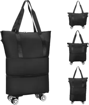 FUNARTY Expandable Foldable Travel Duffel Bag with Removable Wheels, Tote Bag with Folding Storage Space, Gym Bag, Shoulder Weekender Bag for Women Travel (Black)