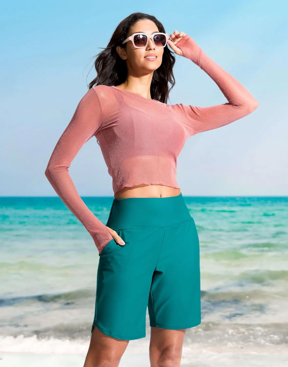 G Gradual Women's 9" Long Swim Board Shorts High Waisted Quick Dry Beach Swimming Shorts for Women with Pockets Liner