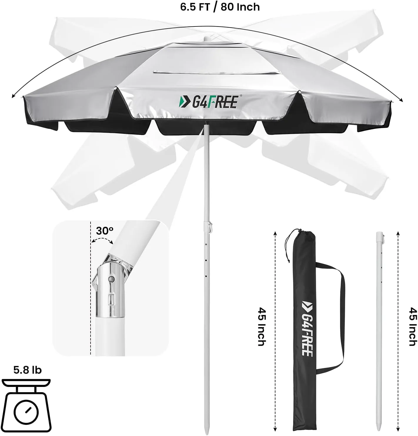 G4Free UPF 50  6.5ft Beach Umbrella with Sand Anchor UV Protection Portable Sun Shade 6.5 Foot Heavy Duty Patio Umbrella Tilt Mechanism & Carry Bag