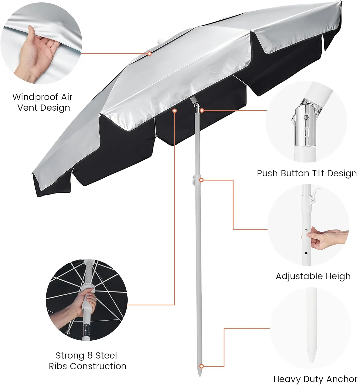 G4Free UPF 50  6.5ft Beach Umbrella with Sand Anchor UV Protection Portable Sun Shade 6.5 Foot Heavy Duty Patio Umbrella Tilt Mechanism & Carry Bag