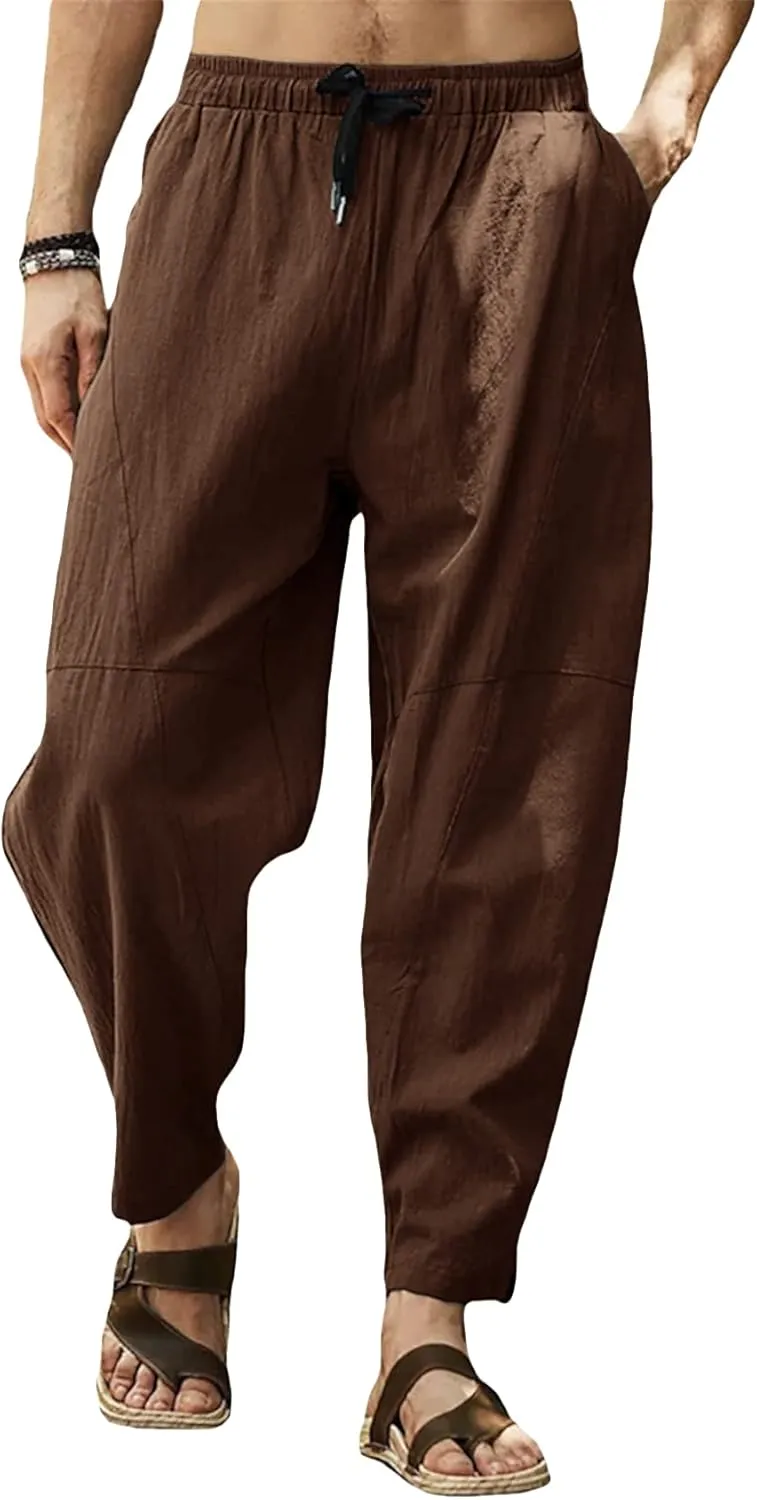 Gafeng Mens Linen Harem Pants Casual Loose Fit Beach Drawstring Elastic Waist Yoga Trousers with Pockets