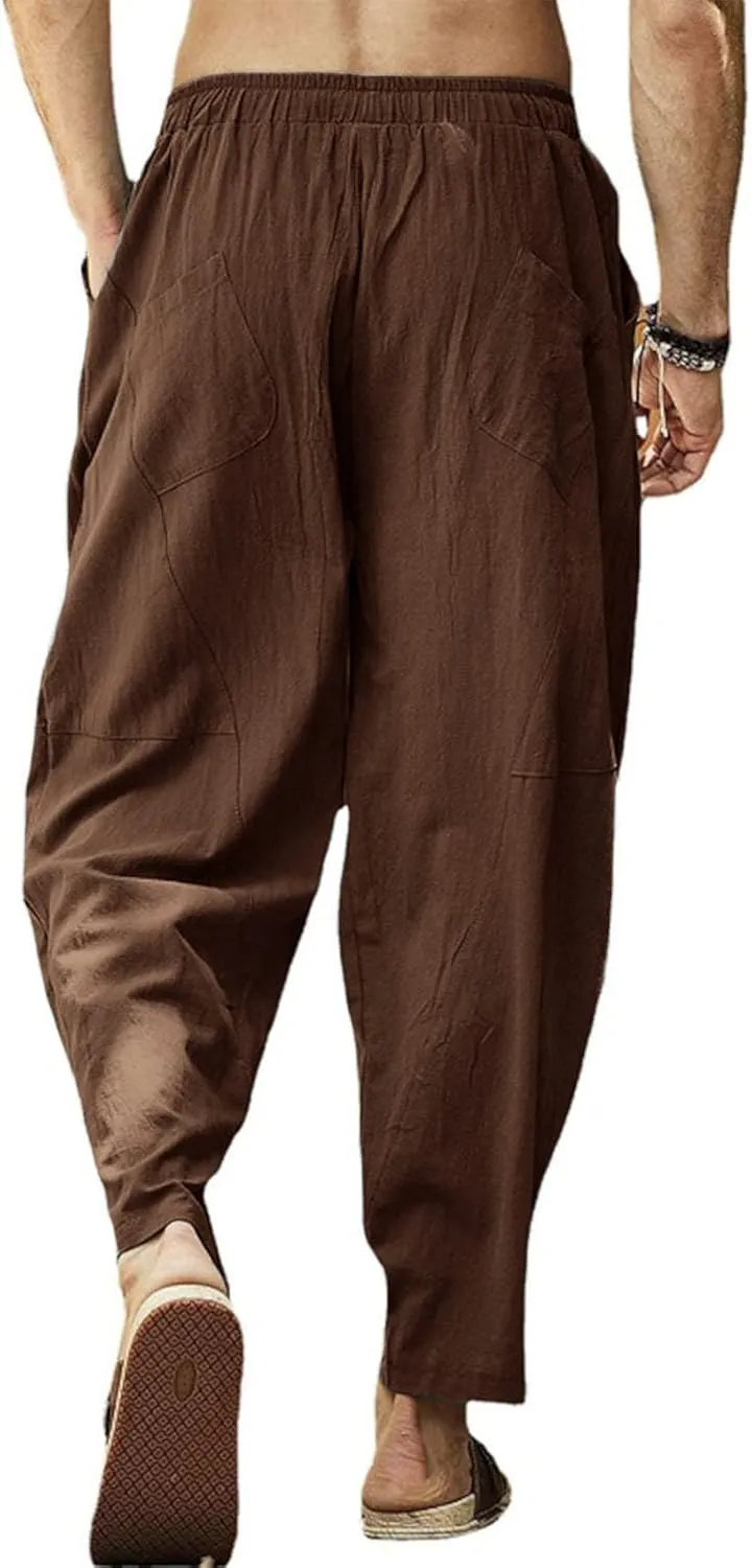 Gafeng Mens Linen Harem Pants Casual Loose Fit Beach Drawstring Elastic Waist Yoga Trousers with Pockets