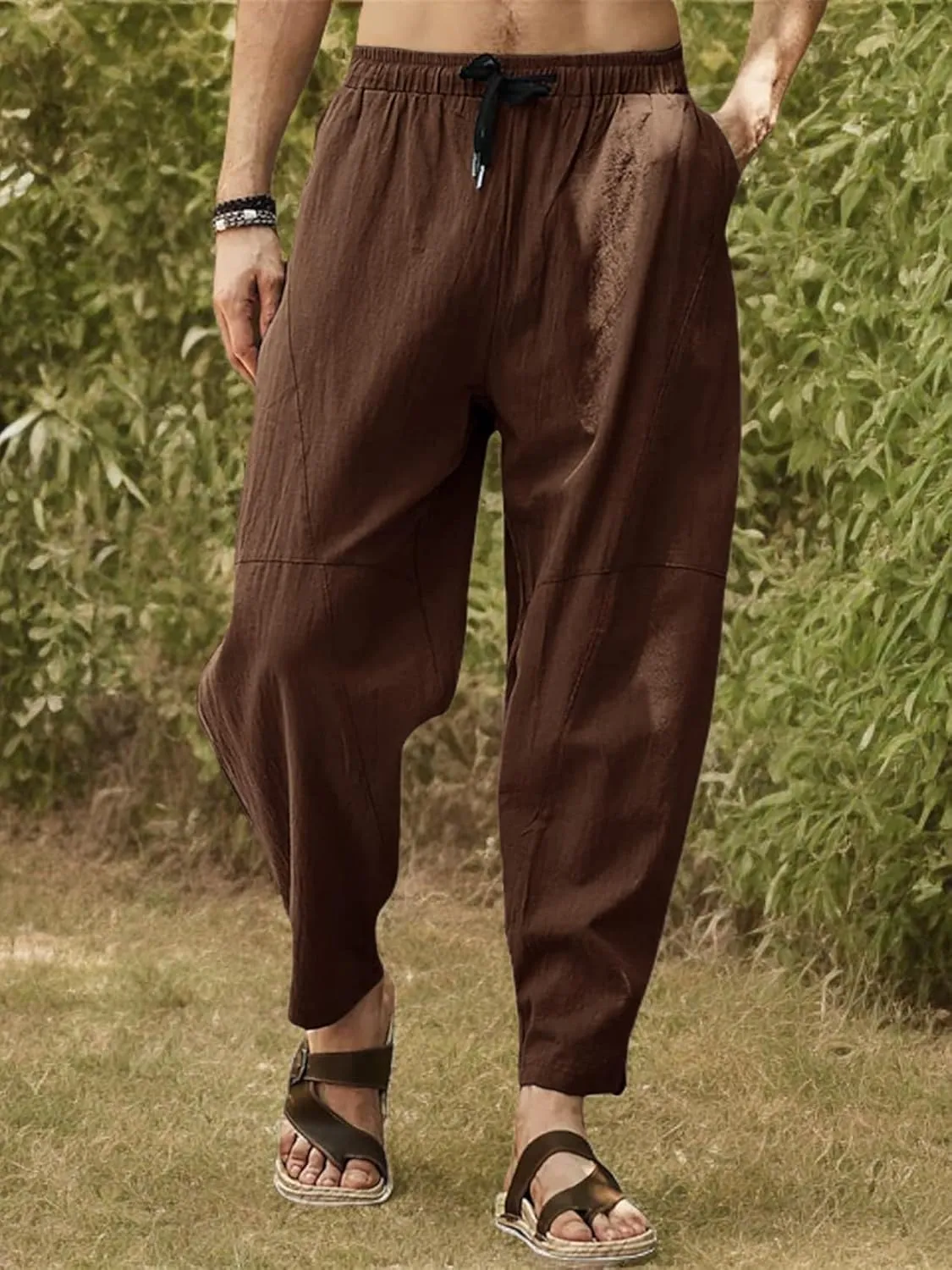 Gafeng Mens Linen Harem Pants Casual Loose Fit Beach Drawstring Elastic Waist Yoga Trousers with Pockets