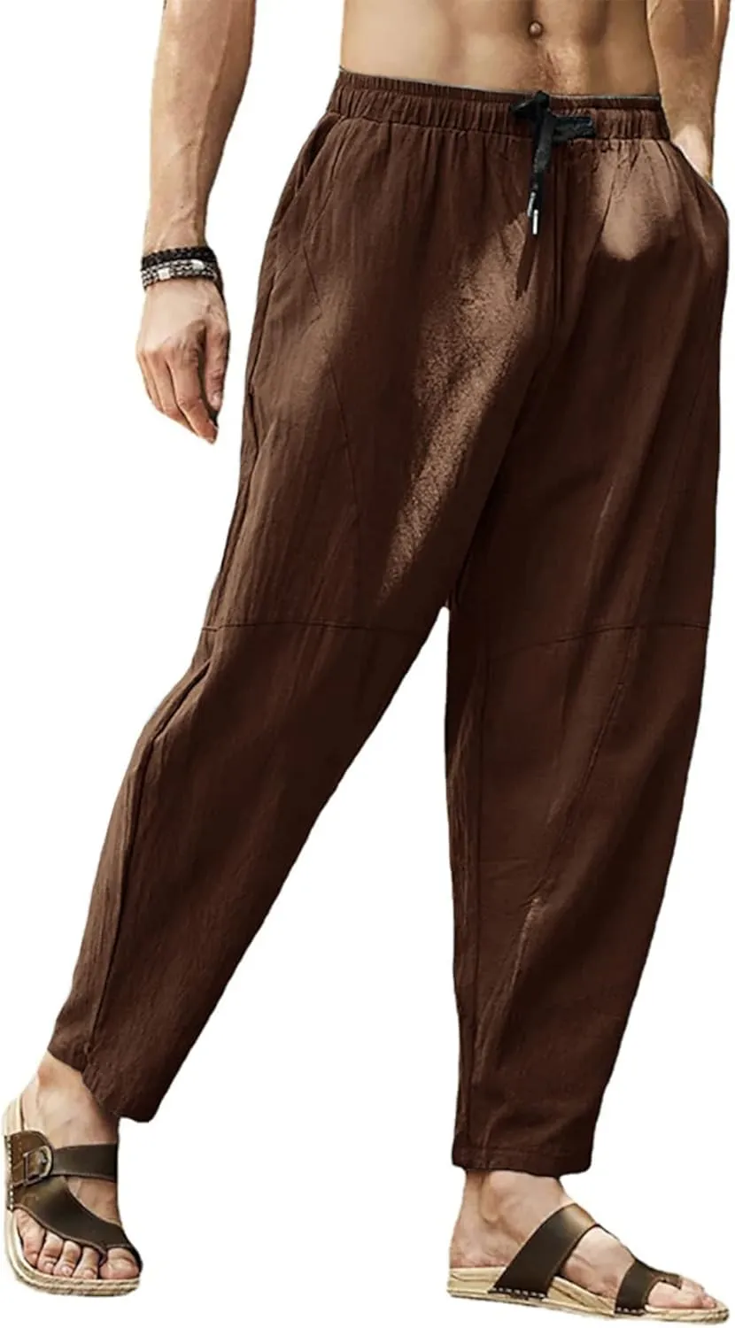 Gafeng Mens Linen Harem Pants Casual Loose Fit Beach Drawstring Elastic Waist Yoga Trousers with Pockets