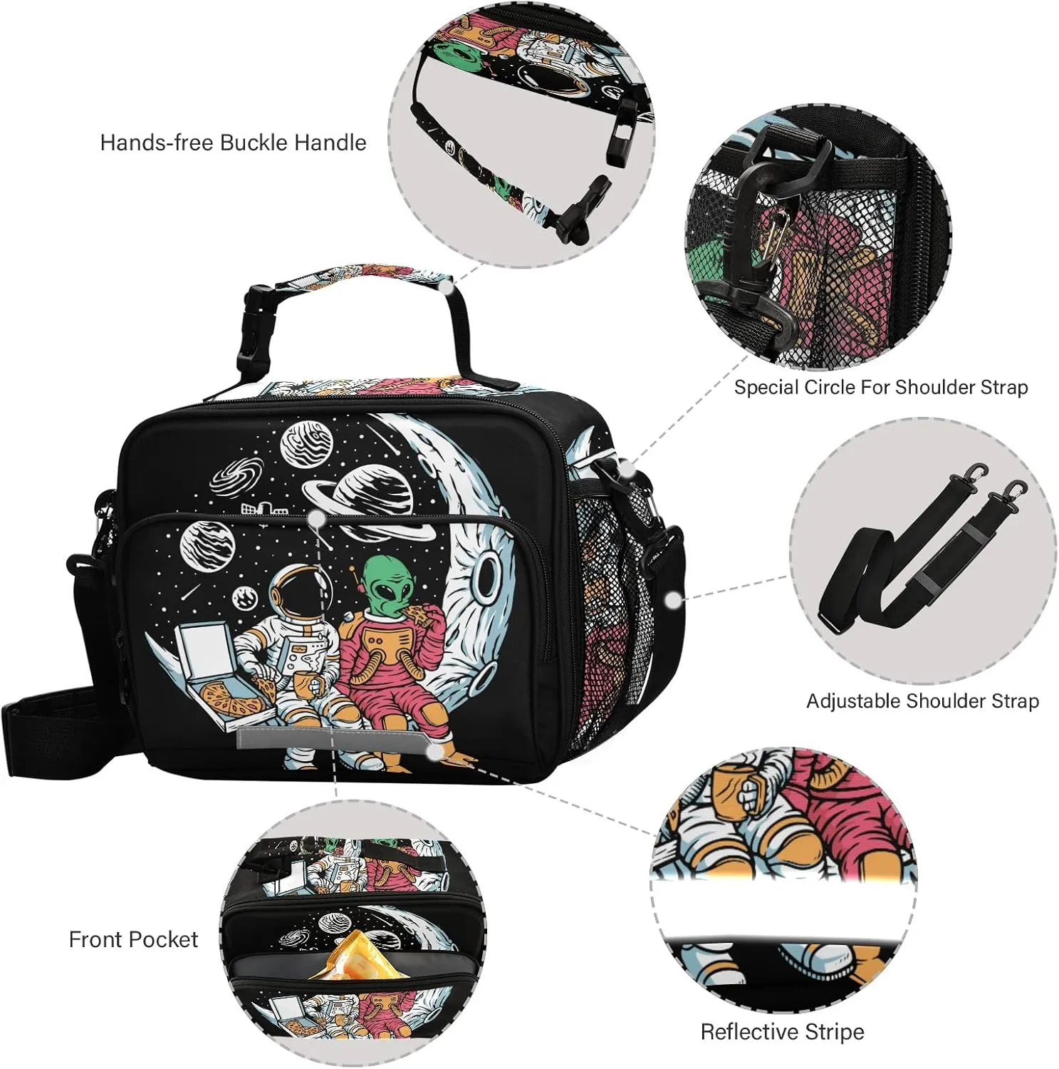 Galaxy Astronauts Alien Kids Lunch Bags for Boys Girls Planet Kids Cooler Insulated Thermal Lunch Bag Reusable Organizer Tote Lunch Box with Adjustable Shoulder Strap for School Picnic Beach Sporting