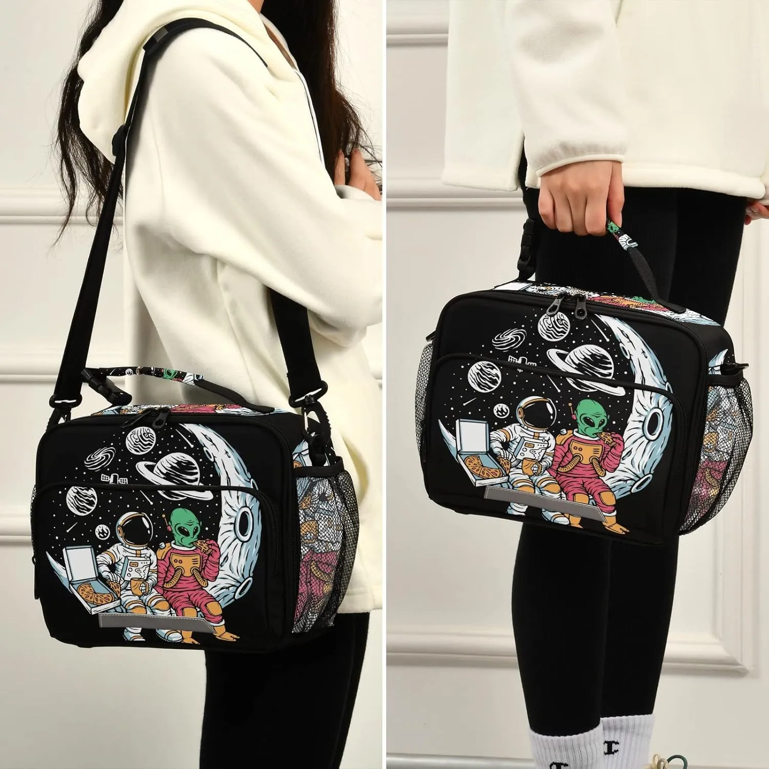 Galaxy Astronauts Alien Kids Lunch Bags for Boys Girls Planet Kids Cooler Insulated Thermal Lunch Bag Reusable Organizer Tote Lunch Box with Adjustable Shoulder Strap for School Picnic Beach Sporting