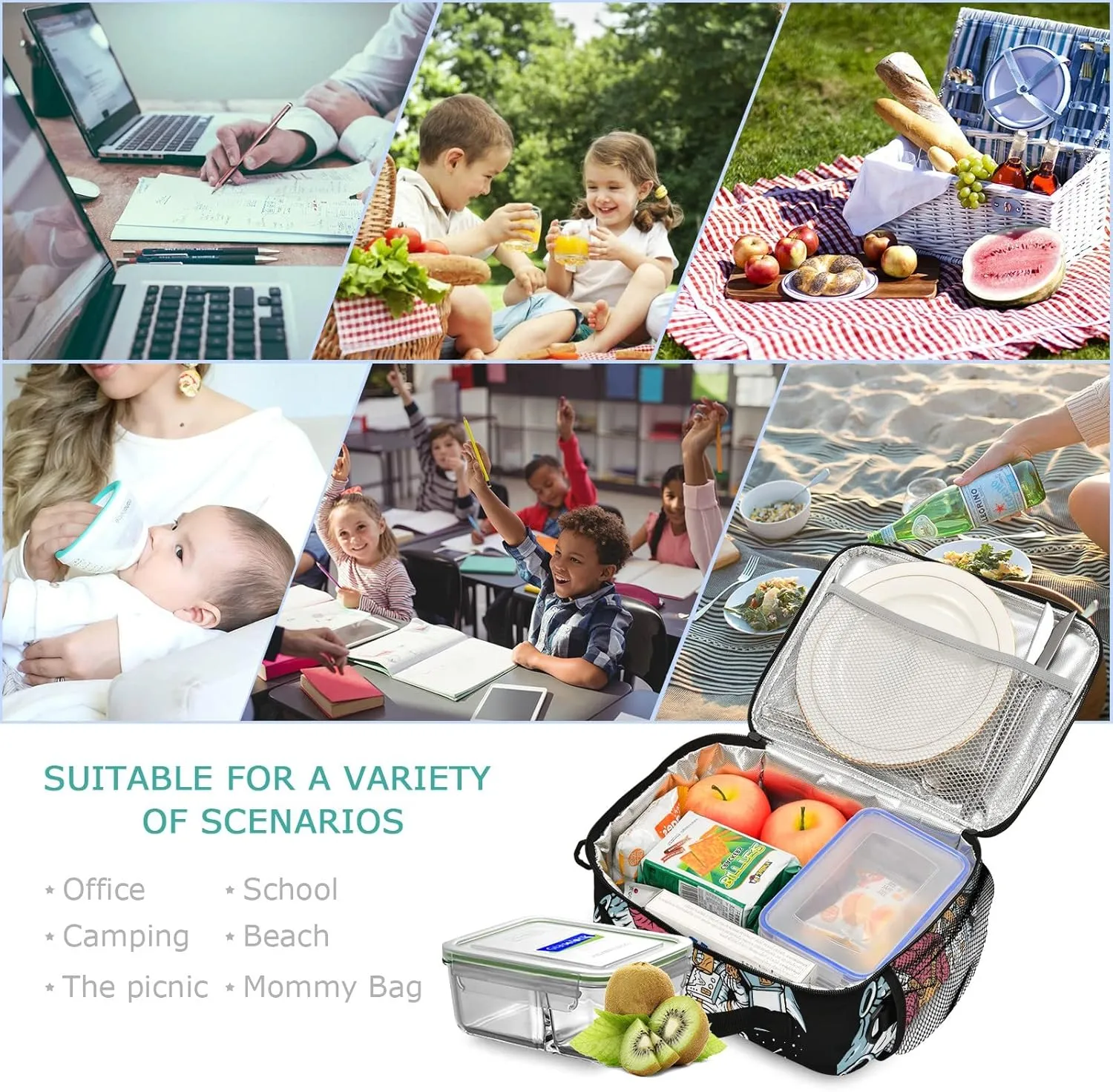 Galaxy Astronauts Alien Kids Lunch Bags for Boys Girls Planet Kids Cooler Insulated Thermal Lunch Bag Reusable Organizer Tote Lunch Box with Adjustable Shoulder Strap for School Picnic Beach Sporting