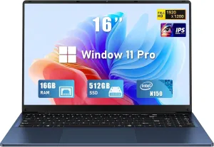 Gaming Laptop, 2025 Windows Laptops Computer, 16 Inch Windows 11 Pro Lap Top, 16GB RAM 512GB SSD, N150 Processor(up to 3.6GHz), Backlit Keyboard