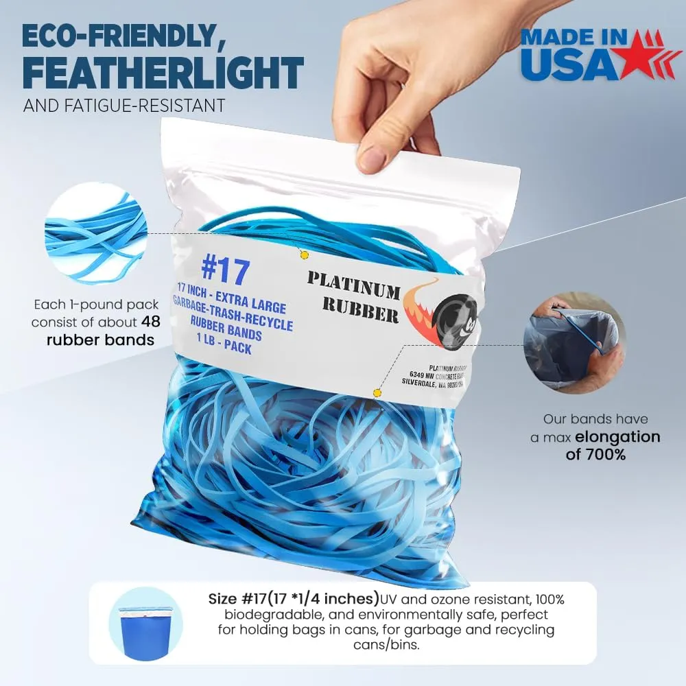 Garbage Trash Can Rubber Bands Blue Large Size 17" Inch Rubberbands Kitchen Compactor Tote Bin 55-65 Gallon 95 96-100 Gal Toter Oversize Big bag liner holder, 55 Drums Litter Pails Buckets (10-PACK)