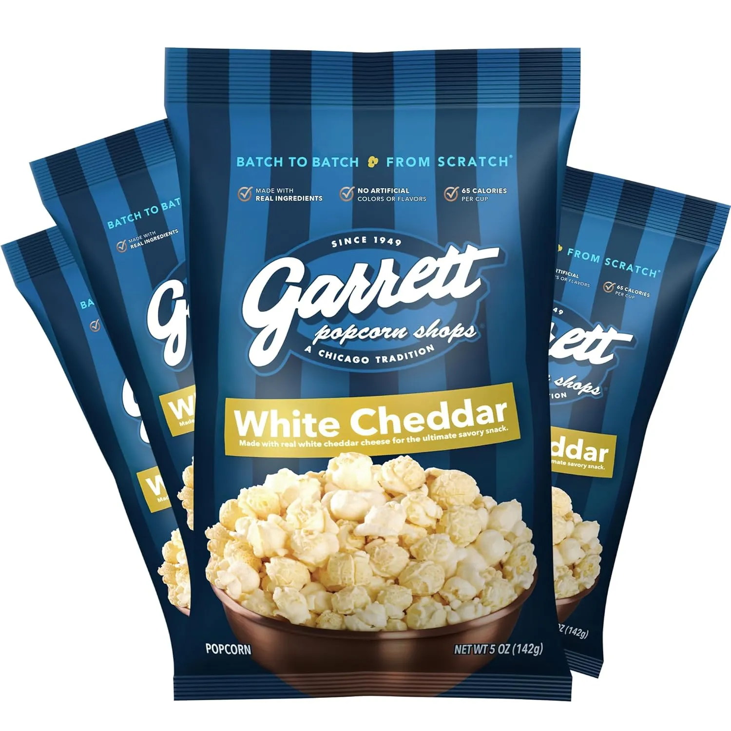 Garrett Popcorn White Cheddar, 5.0oz, 4 Bags,​ White Cheddar Gourmet Popcorn, Gluten Free, Savory Snack, Popped Popcorn Bags