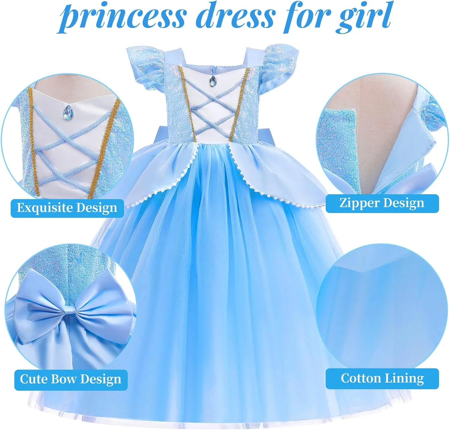 G.C Light Up Cinderella Costume Dress for Girls Kids Princess Dress Up Clothes Crown Wand Necklace Gloves Halloween Cosplay