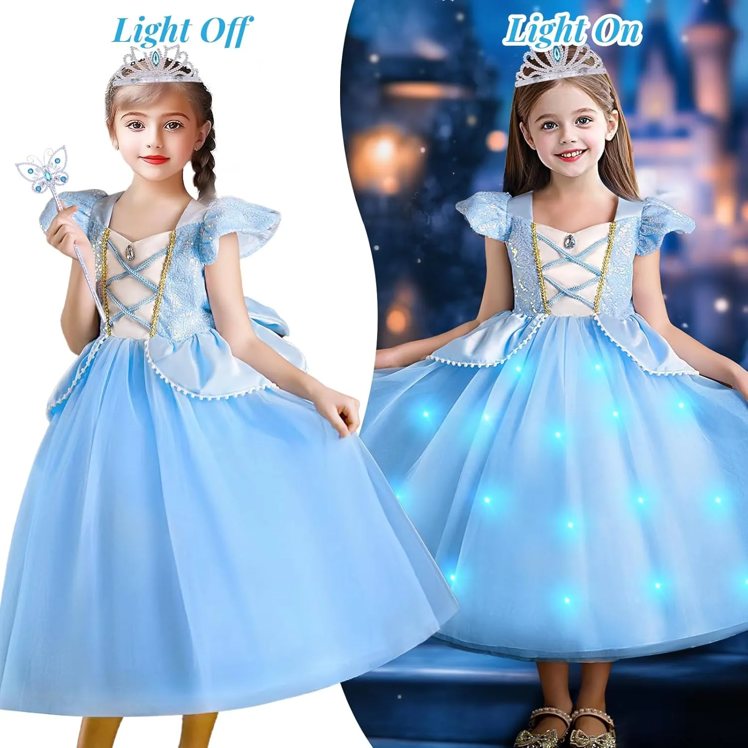 G.C Light Up Cinderella Costume Dress for Girls Kids Princess Dress Up Clothes Crown Wand Necklace Gloves Halloween Cosplay