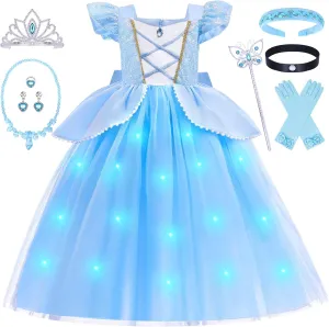 G.C Light Up Cinderella Costume Dress for Girls Kids Princess Dress Up Clothes Crown Wand Necklace Gloves Halloween Cosplay