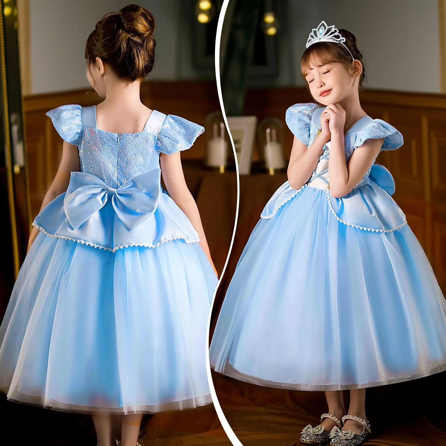 G.C Light Up Cinderella Costume Dress for Girls Kids Princess Dress Up Clothes Crown Wand Necklace Gloves Halloween Cosplay