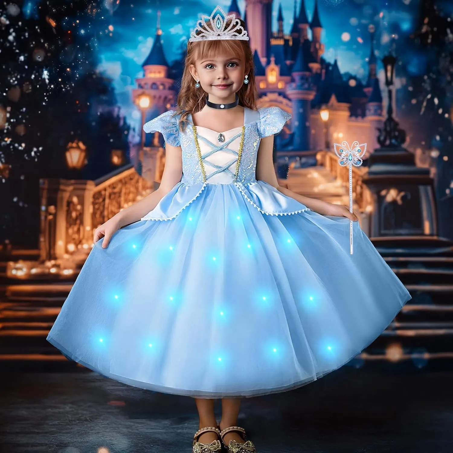 G.C Light Up Cinderella Costume Dress for Girls Kids Princess Dress Up Clothes Crown Wand Necklace Gloves Halloween Cosplay