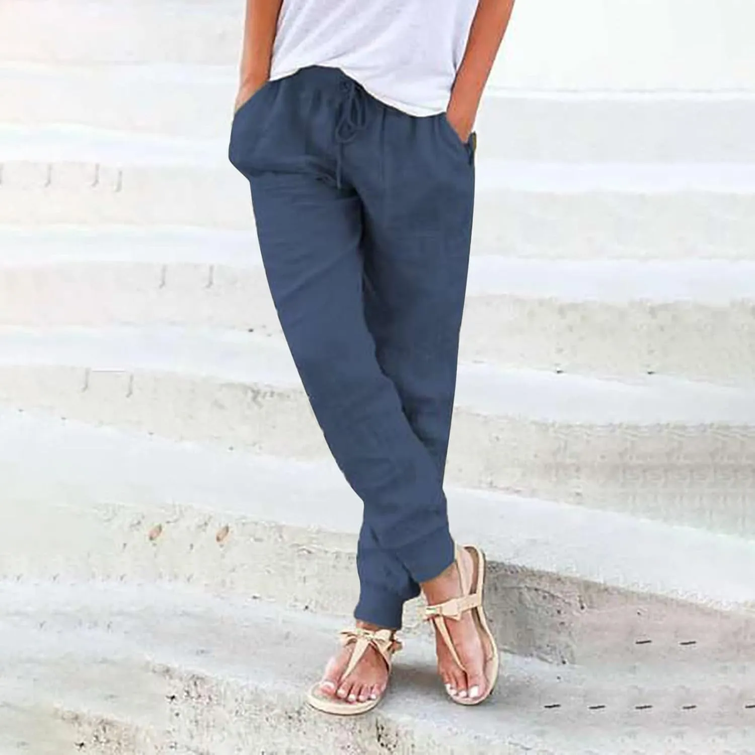 Generic Womens Cotton Linen Jogger Pants Summer Casual Drawstring Elastic Waist Lightweight Tapered Leg Joggers with Pockets