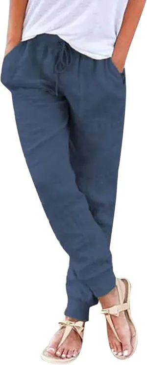 Generic Womens Cotton Linen Jogger Pants Summer Casual Drawstring Elastic Waist Lightweight Tapered Leg Joggers with Pockets