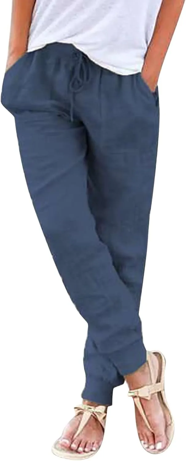 Generic Womens Cotton Linen Jogger Pants Summer Casual Drawstring Elastic Waist Lightweight Tapered Leg Joggers with Pockets