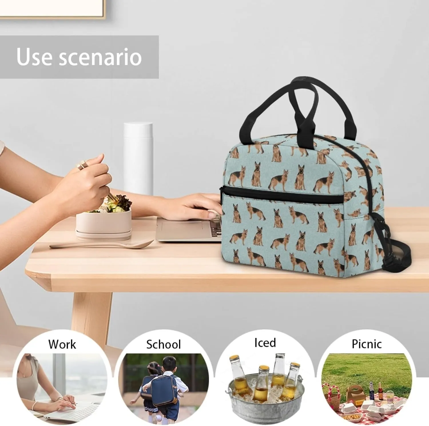 German Shepherds Lunch Box Large Capacity Insulated Lunch Bag Kids, Cartoon Cute Reusable Lightweight Lunch Box for Kids, Insulated Thermal Cooler Sack Food Handbag for Women Men