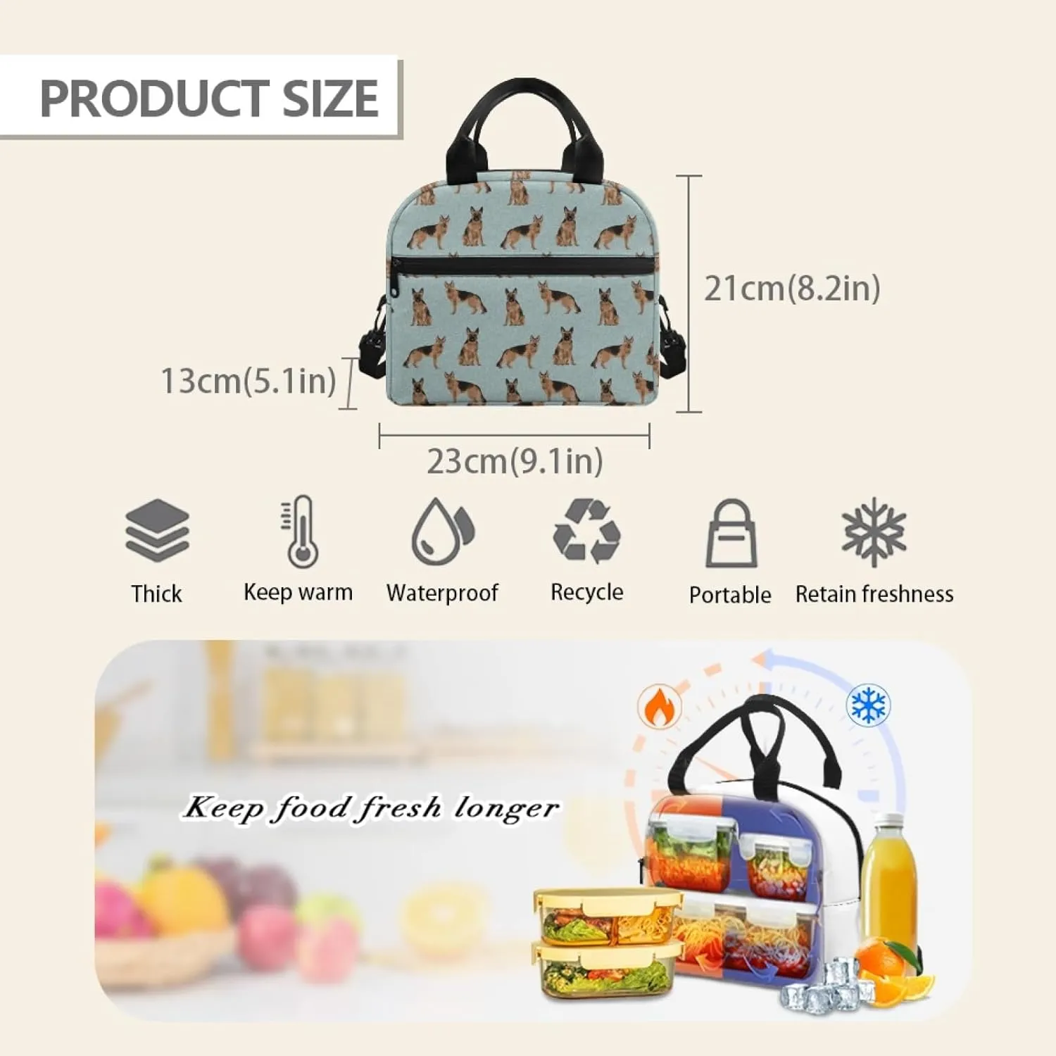 German Shepherds Lunch Box Large Capacity Insulated Lunch Bag Kids, Cartoon Cute Reusable Lightweight Lunch Box for Kids, Insulated Thermal Cooler Sack Food Handbag for Women Men