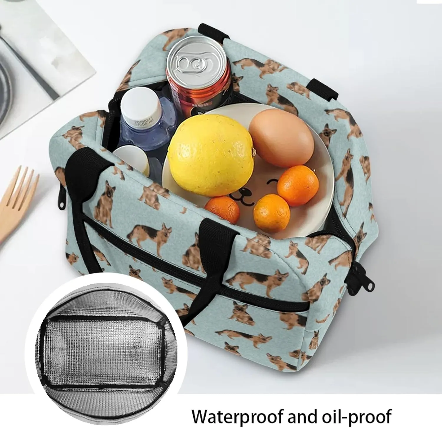 German Shepherds Lunch Box Large Capacity Insulated Lunch Bag Kids, Cartoon Cute Reusable Lightweight Lunch Box for Kids, Insulated Thermal Cooler Sack Food Handbag for Women Men
