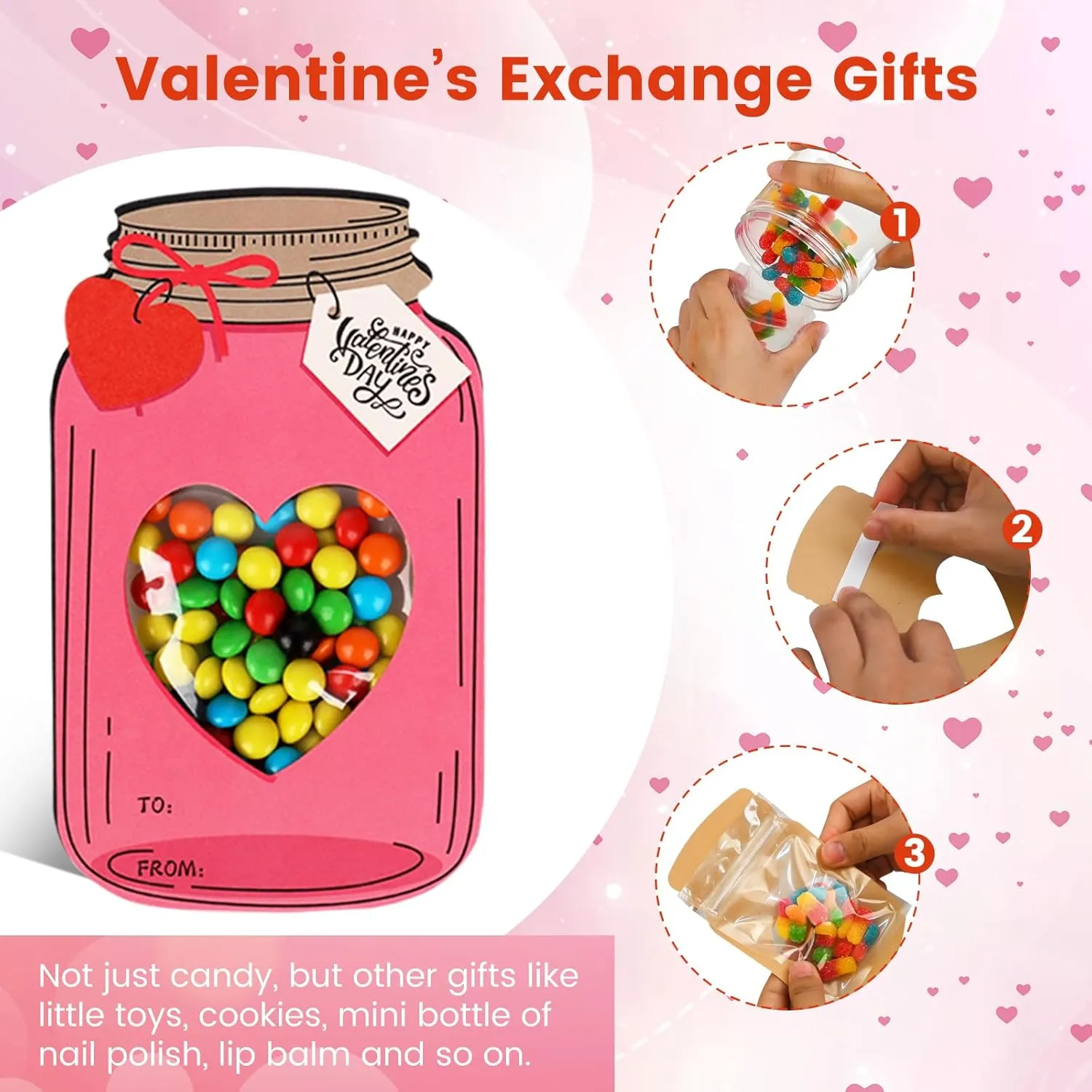 Giiffu 50 Pack Valentine's Cards Set for Kids, DIY Happy Valentines Day Mason Jar Cards with Treat Bags for Boys Girls Toddler School Class Classroom Exchange Party Favors(Candy Not Included)