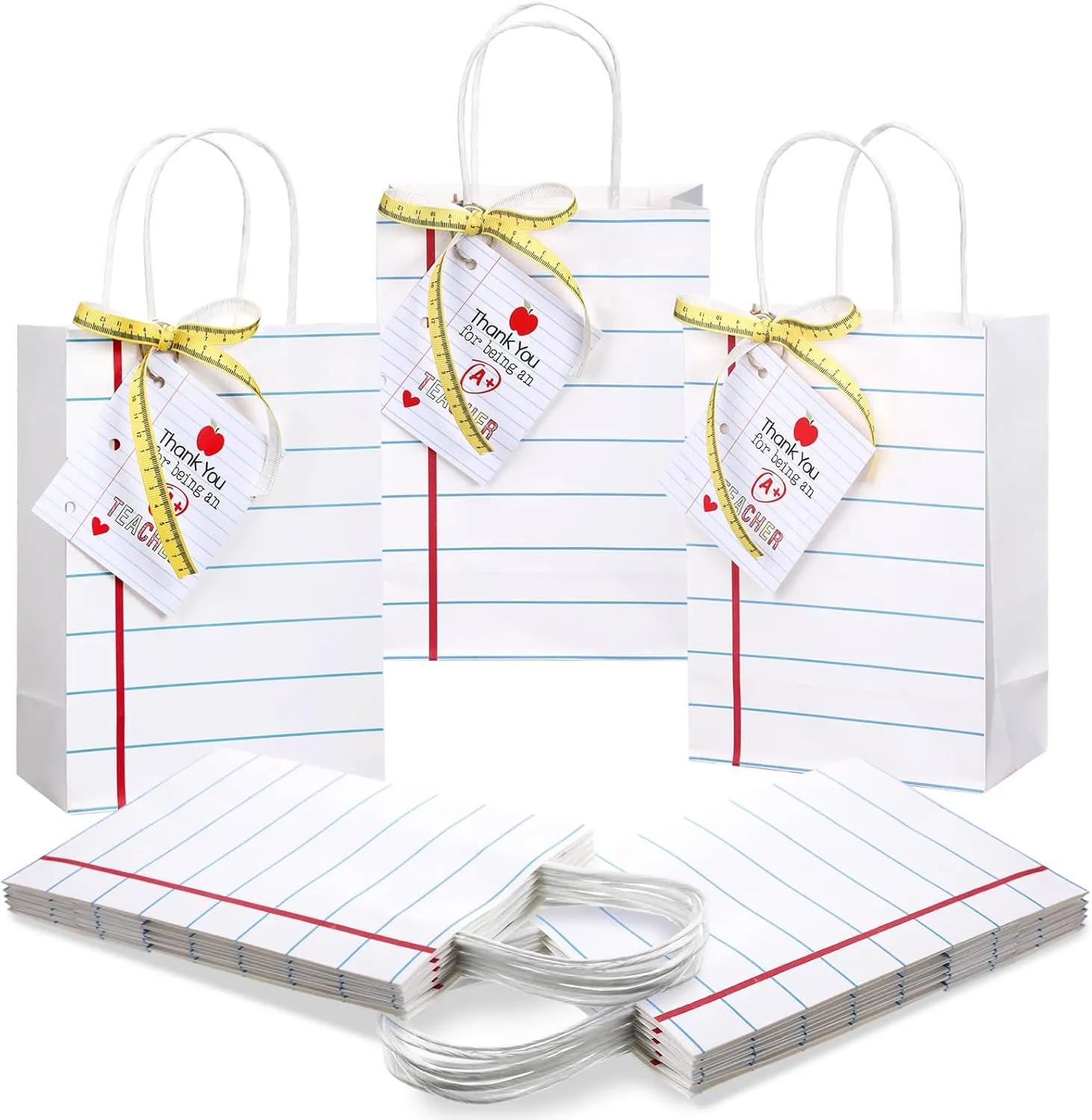 Gilprop 12 Pcs Teacher Appreciation Gift Bags with Paper Tag Thank You Teacher Gift Bags with Handle End of Year Teacher Gifts with Tape Measure Ribbon for Graduation Back to School Party Favors