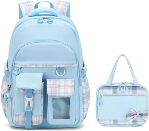 Girls Backpack, 2pcs set Kids Backpack with Insulated Lunch Box Bag Girls Bookbag Kawaii School Bag for Age 6-12 Years Old, Blue Plain