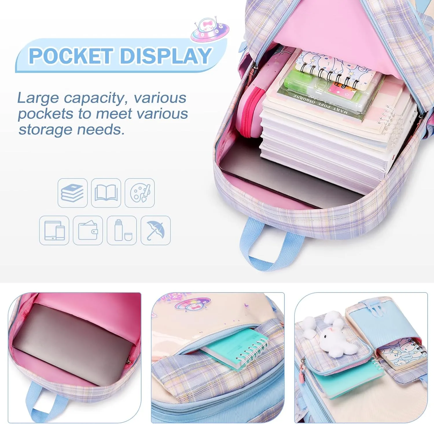 Girls Backpack Set, 3PCS Kids Backpack for Girl, Kawaii Bunny School Backpacks for Girls Kindergarten Elementary Preschool Middle School Bags with Lunch Box Pencil Case Blue-Plaid