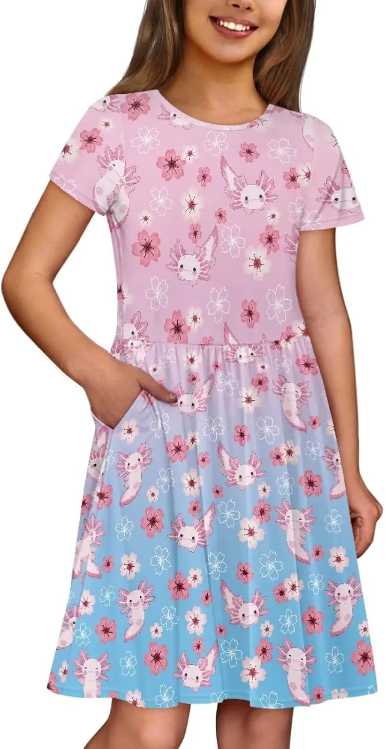 Girls Dress with Pockets Basic Short Sleeve High Waist Swing Skater Dress School Party Dress for Kids