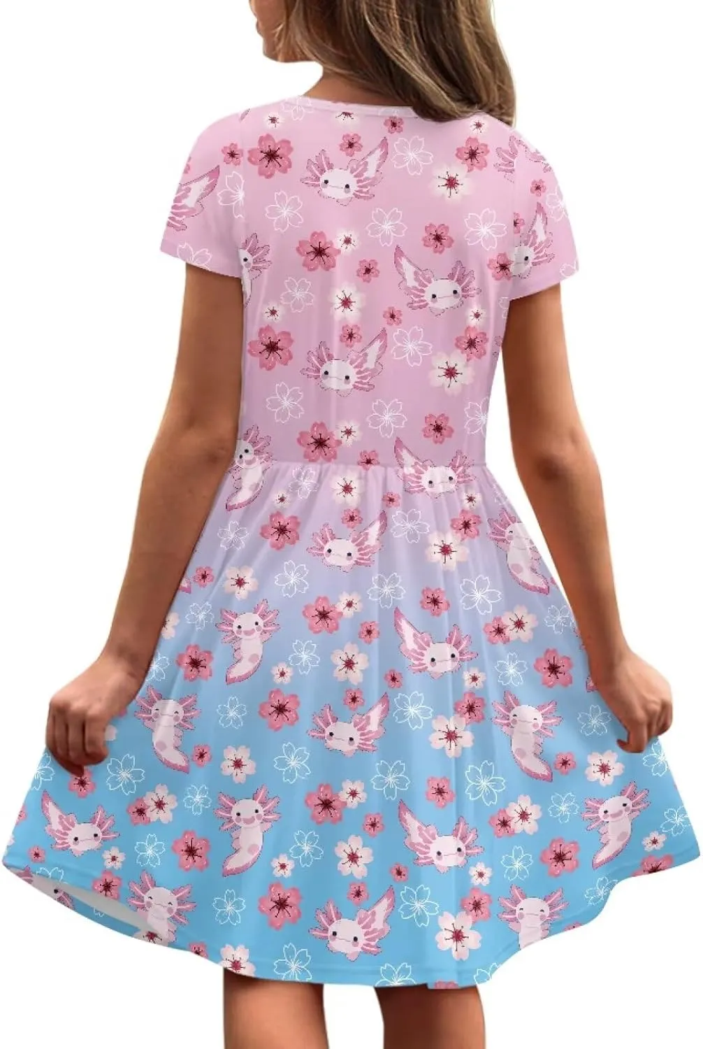 Girls Dress with Pockets Basic Short Sleeve High Waist Swing Skater Dress School Party Dress for Kids