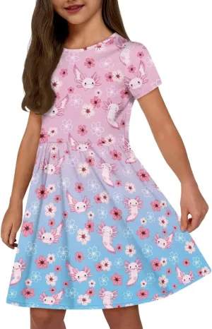 Girls Dress with Pockets Basic Short Sleeve High Waist Swing Skater Dress School Party Dress for Kids