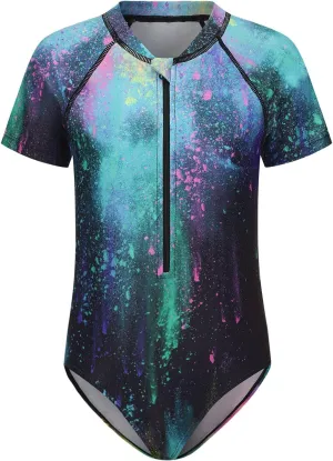 Girls One Piece Rash Guard Swimsuits for Kids Girls Short Sleeve Bathing Suits with Front Zipper Swimwear 3-16 Years