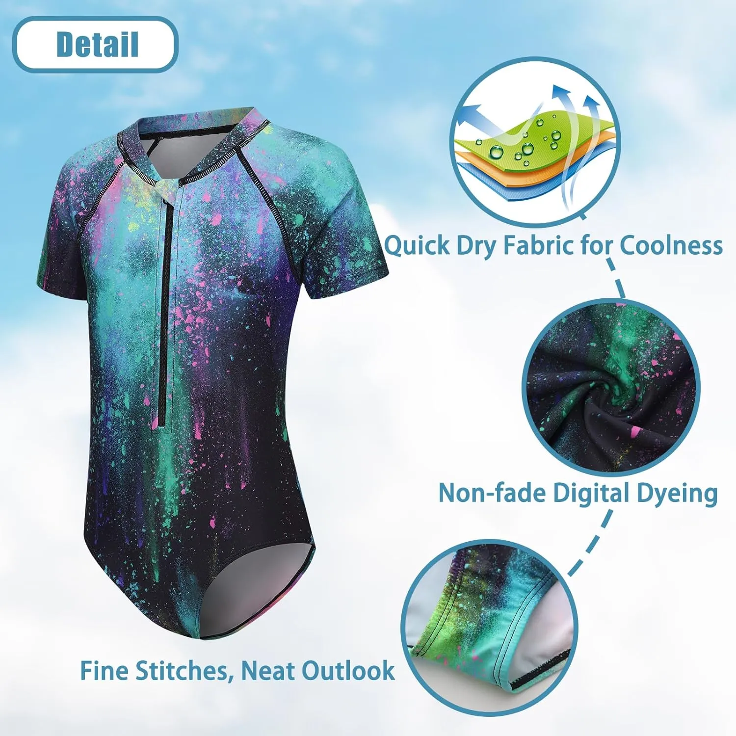 Girls One Piece Rash Guard Swimsuits for Kids Girls Short Sleeve Bathing Suits with Front Zipper Swimwear 3-16 Years
