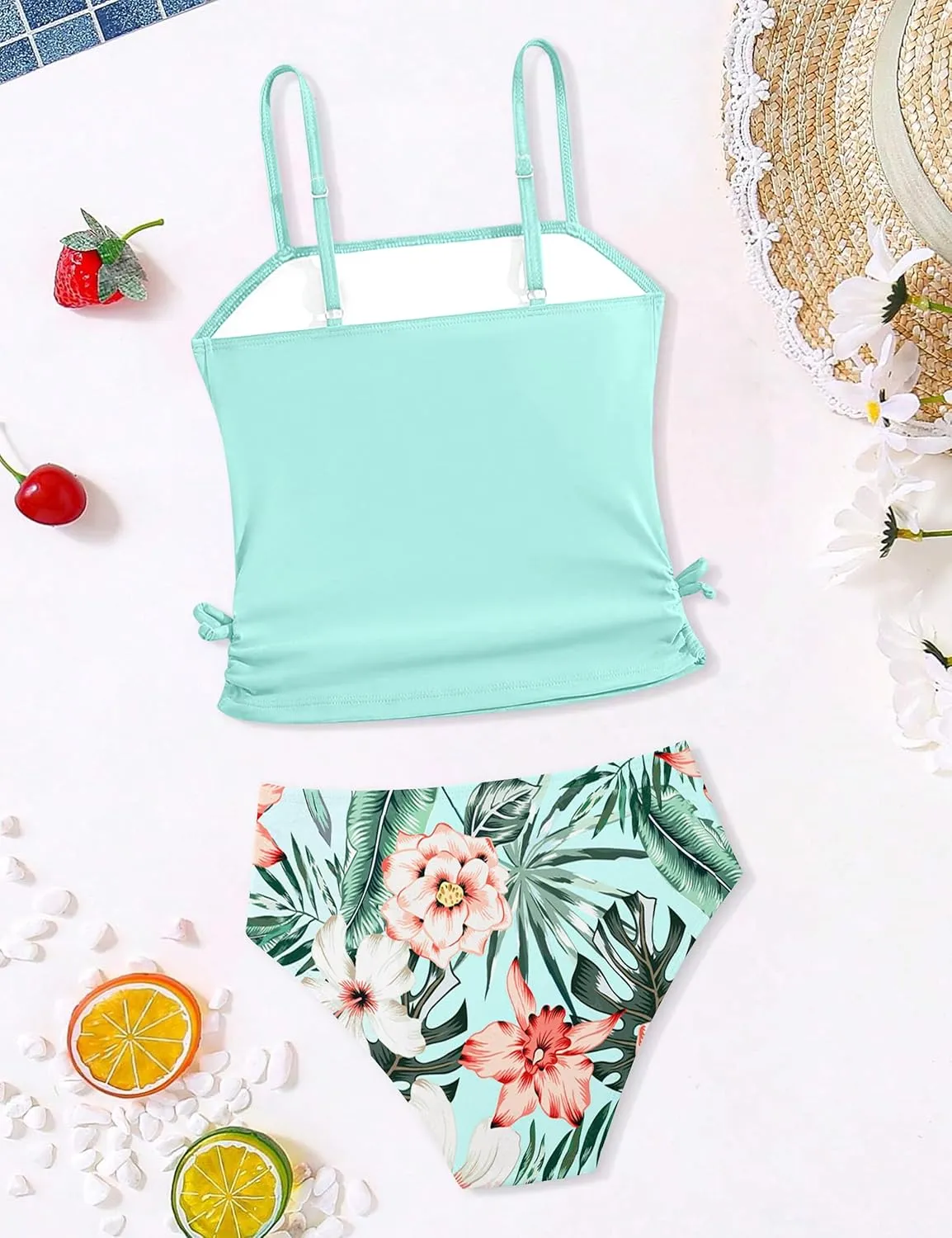 Girls Tankini Swimsuits Two Piece Bathing Suit Drawstring Swimwear Set for Girls 7-14 Years