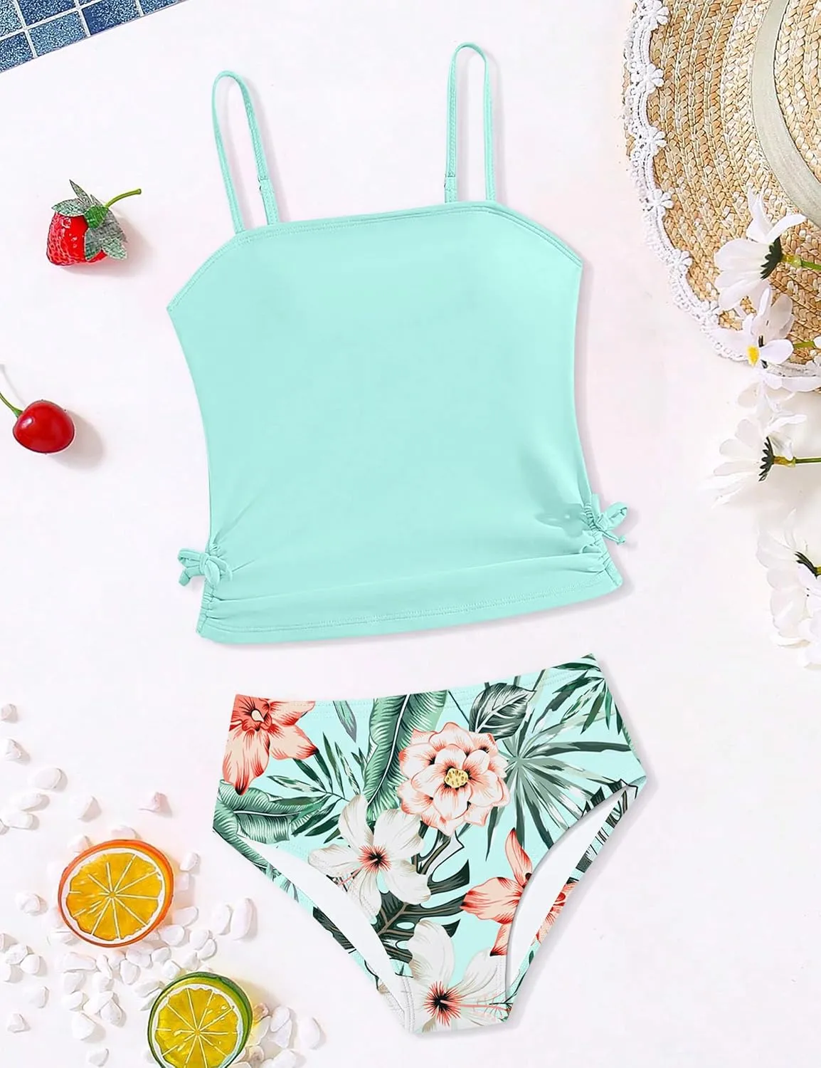 Girls Tankini Swimsuits Two Piece Bathing Suit Drawstring Swimwear Set for Girls 7-14 Years