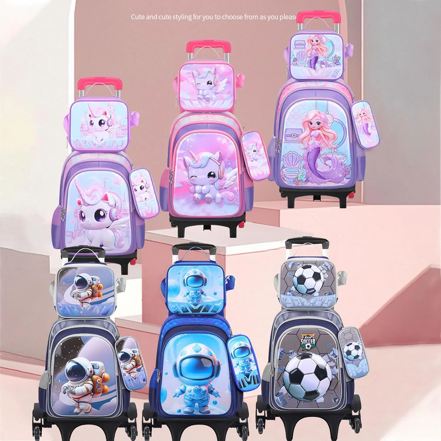 GLOOMALL Cute Rolling Backpack Three-piece Set with Lunch Bag School Girls Boys, Lightweight Trolley Travel Bag with 6 Wheels Classic Roller Luggage (Gray spaceman)