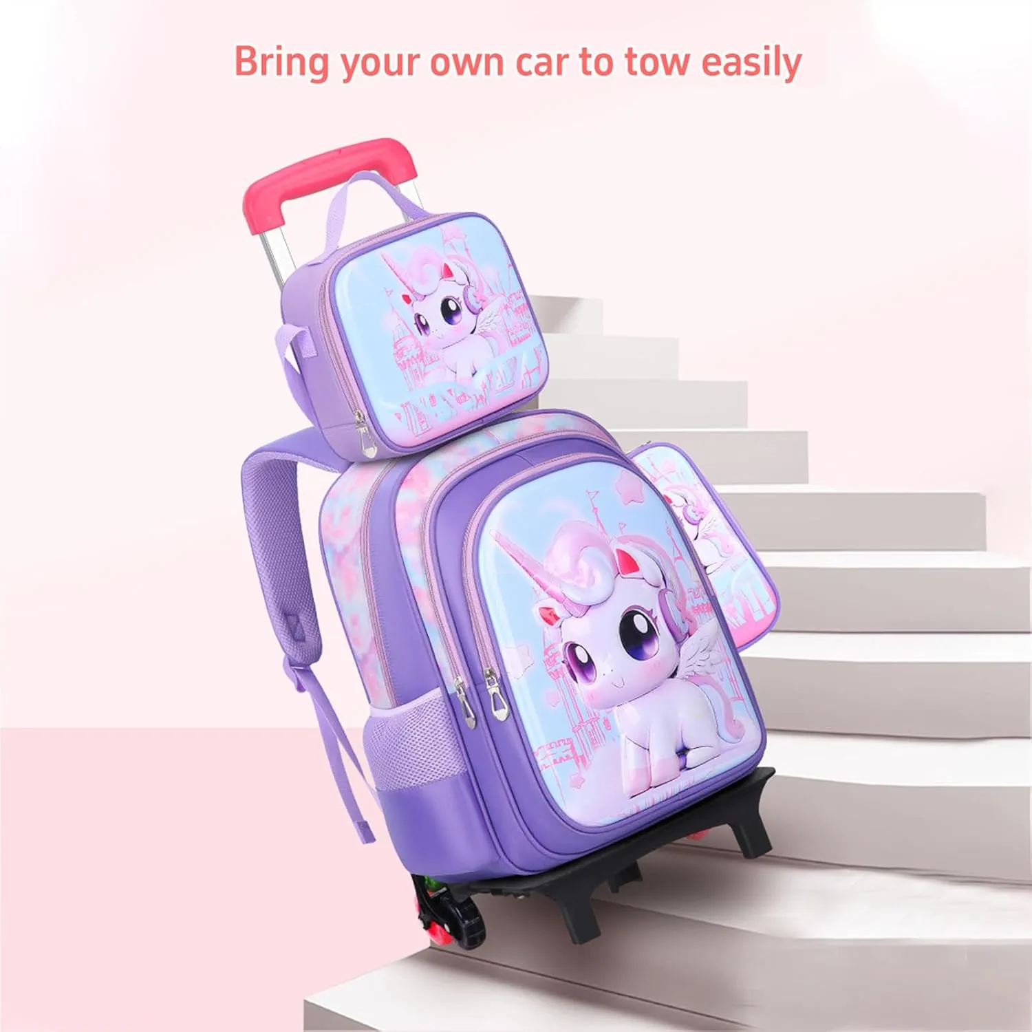 GLOOMALL Cute Rolling Backpack Three-piece Set with Lunch Bag School Girls Boys, Lightweight Trolley Travel Bag with 6 Wheels Classic Roller Luggage (Gray spaceman)