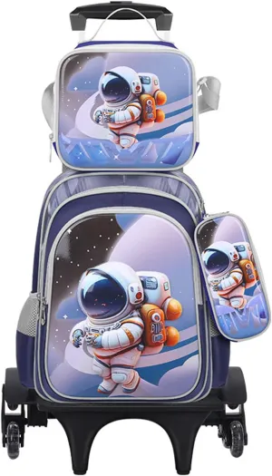 GLOOMALL Cute Rolling Backpack Three-piece Set with Lunch Bag School Girls Boys, Lightweight Trolley Travel Bag with 6 Wheels Classic Roller Luggage (Gray spaceman)