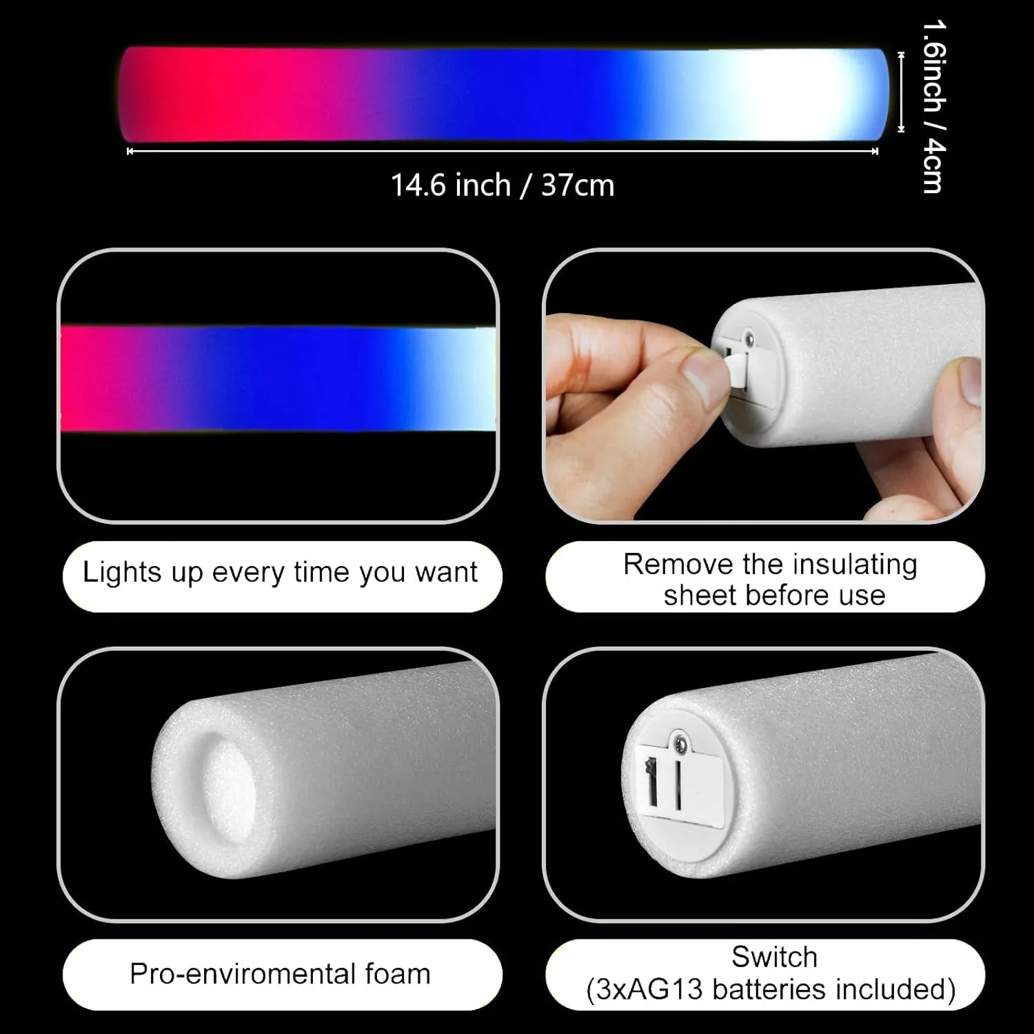 Glow Foam Sticks Bulk, 24 Pcs Giant LED Red Blue White Light Up Sticks Flashing Glowing Baton Wands Party Supplies for July 4th, Raves,Concert, Halloween