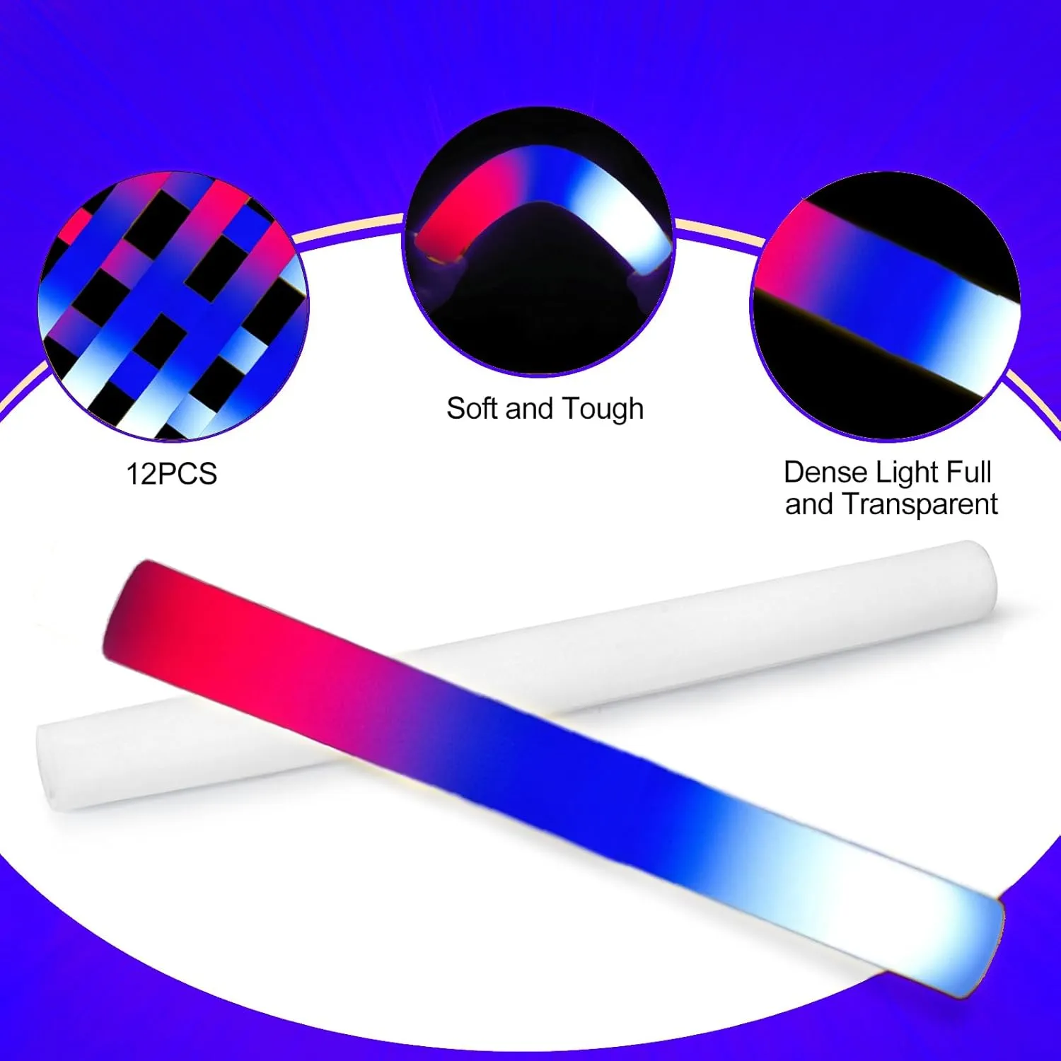 Glow Foam Sticks Bulk, 24 Pcs Giant LED Red Blue White Light Up Sticks Flashing Glowing Baton Wands Party Supplies for July 4th, Raves,Concert, Halloween