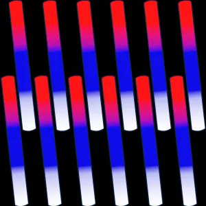 Glow Foam Sticks Bulk, 24 Pcs Giant LED Red Blue White Light Up Sticks Flashing Glowing Baton Wands Party Supplies for July 4th, Raves,Concert, Halloween