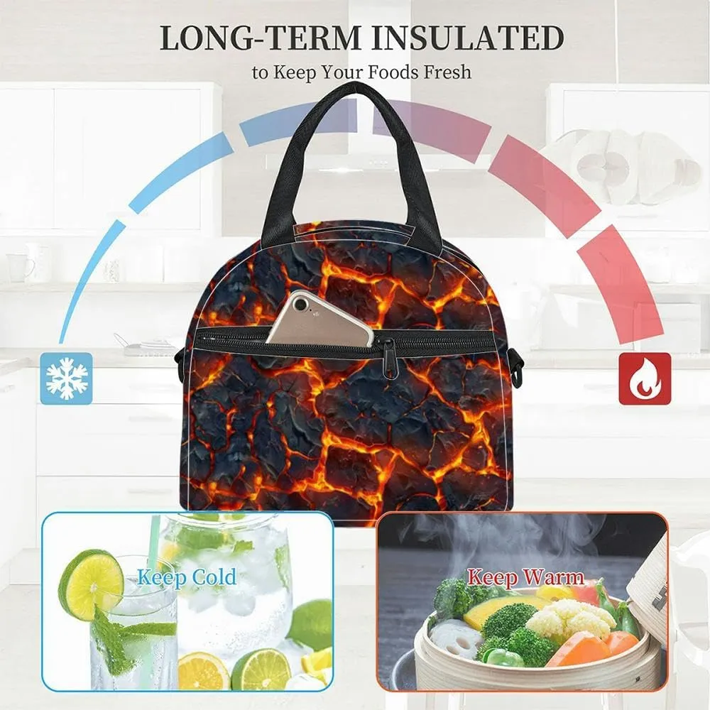 glowing melted magma tileable cracked lava great Insulated Adult Lunch Bag with Shoulder Strap for Women Lightweight Reusable Portable Freezable Lunch Tote Bag for Work Picnic