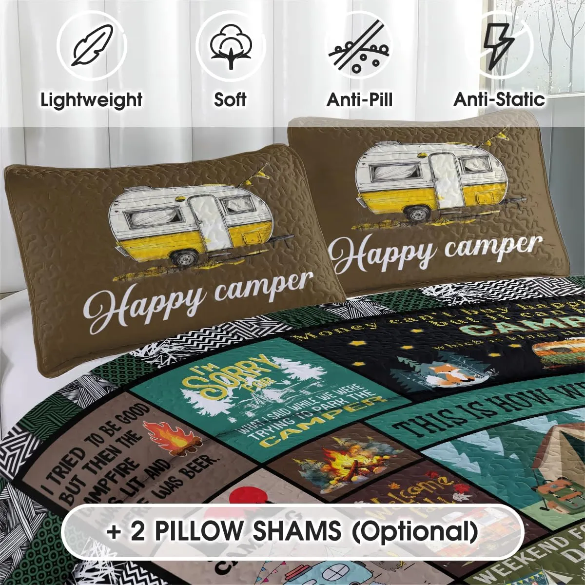 Go Camping Quilt Bed Set Custom Quilt, Bedding Sets and Collections, Queen Bed Set, King Bed Set,Comes with Pillow Cases for Girl Women Camping Lovers (Camping D01)