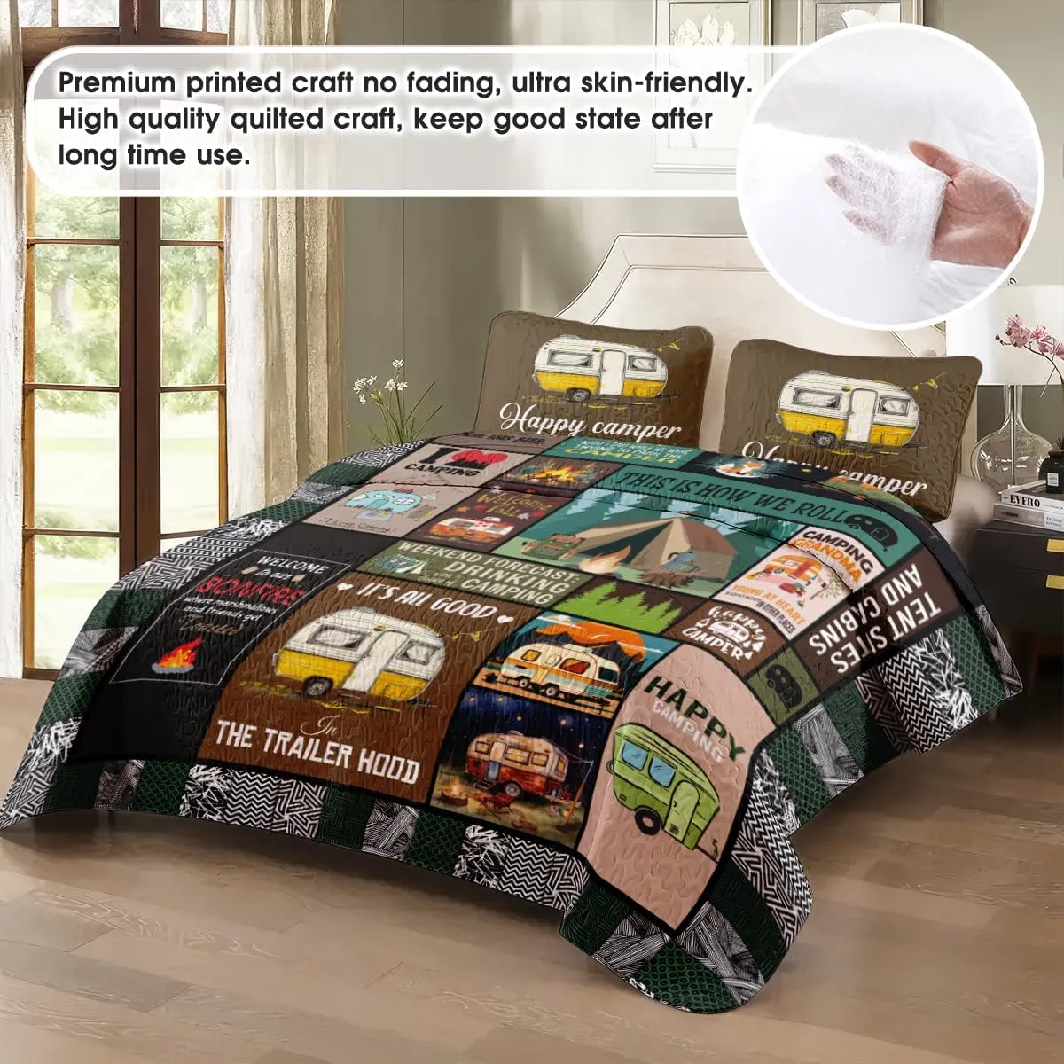 Go Camping Quilt Bed Set Custom Quilt, Bedding Sets and Collections, Queen Bed Set, King Bed Set,Comes with Pillow Cases for Girl Women Camping Lovers (Camping D01)