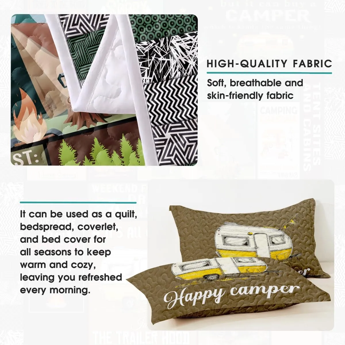 Go Camping Quilt Bed Set Custom Quilt, Bedding Sets and Collections, Queen Bed Set, King Bed Set,Comes with Pillow Cases for Girl Women Camping Lovers (Camping D01)
